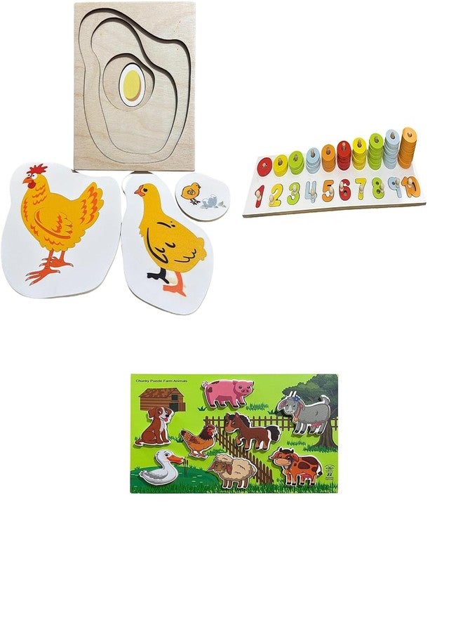 Kinder Creative Hen Life Cycle Layering Puzzle,Peg Number Ring Counting Set,Chunky Stacking Farm Animals Puzzle, Educational Puzzle and Toys for Kids Pack of 3 - Image 1